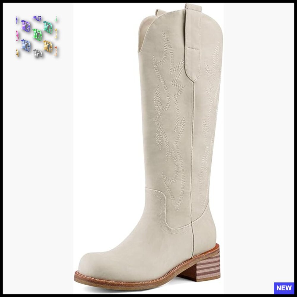 Western Knee High Boots Chunky Heel Square Toe Wide Calf Retro Pull On